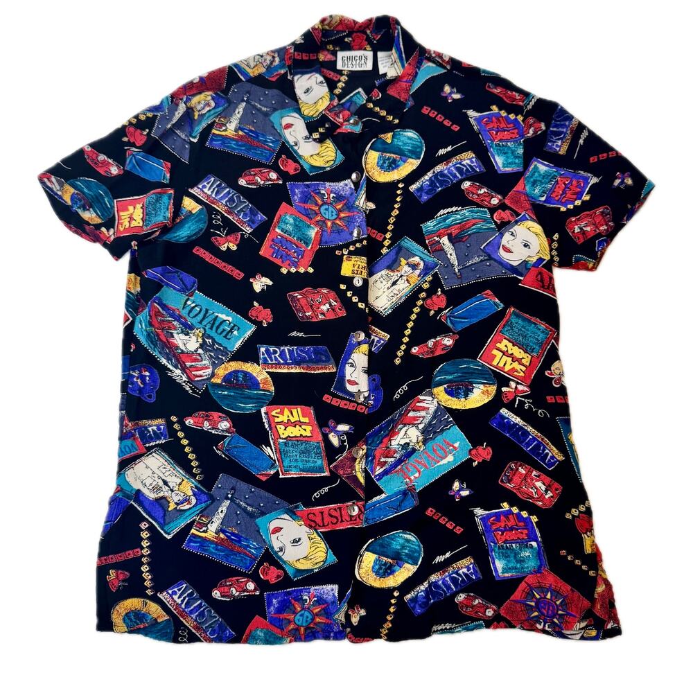 Chico's VTG Pop Art Graphic Camp Shirt Womens 2 Large Art To Wear Maximalist 90s - Picture 2 of 14